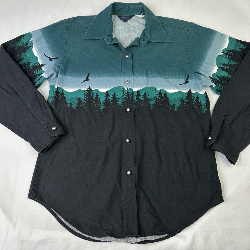 Roper Small Long Sleeve Shirt Green Black Eagle Mountain Yellowstone Cowgirl